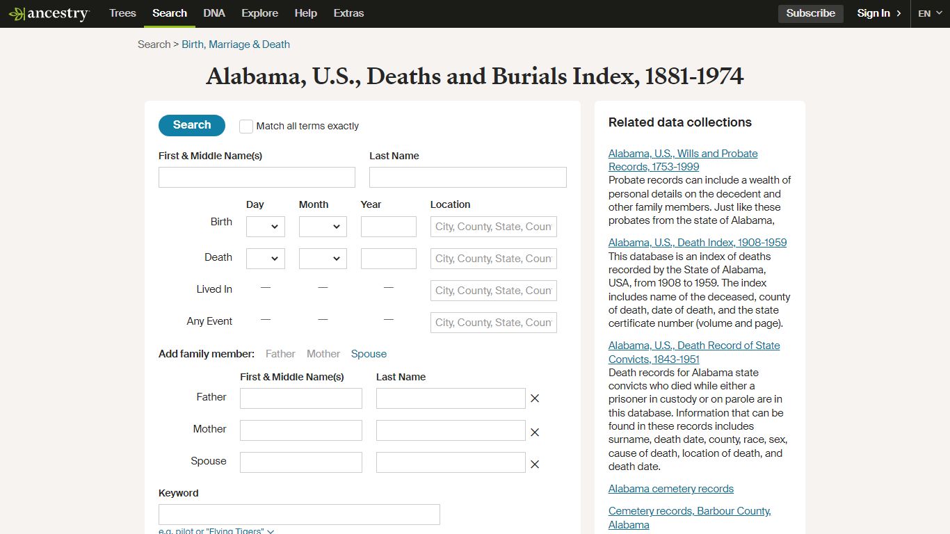 Alabama, U.S., Deaths and Burials Index, 1881-1974